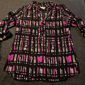 Britt Ryan 100% Silk Abstract Geometric Print Blouse Pink‎ Black Grey Medium